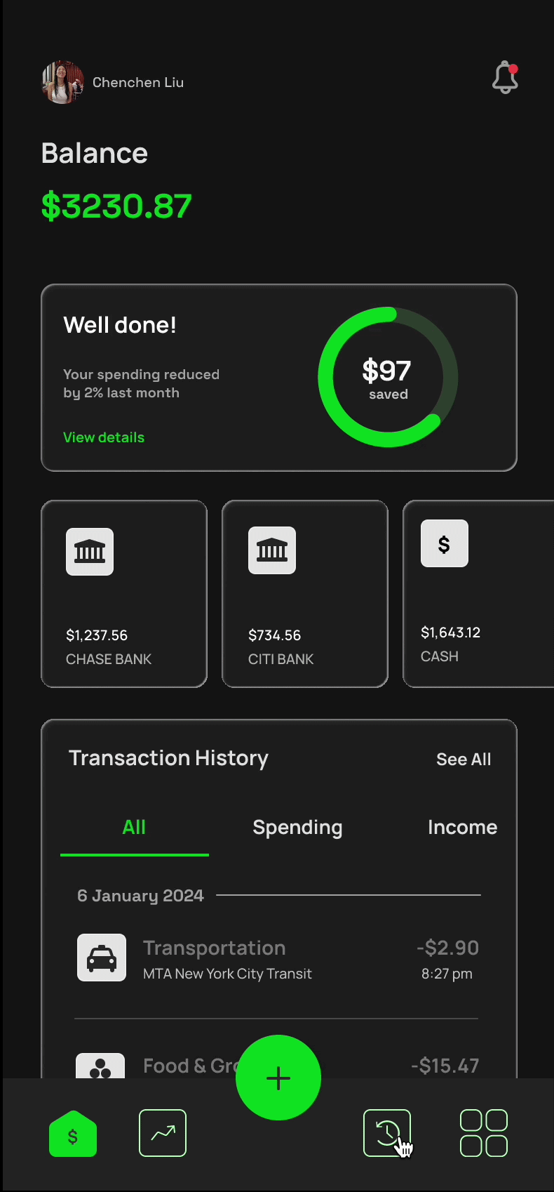 Transaction History screen: final design